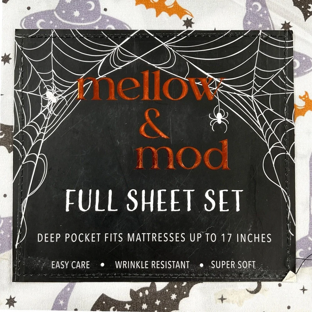 Mellow & Mod Halloween Full Sheet Set 4pc Witch Hat Bats Stars Purple Orange NEW